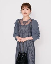 ギャザースリーブレースロングドレス - &Robu.