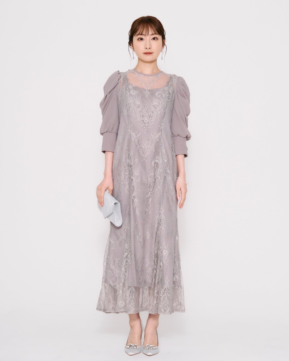 ギャザースリーブレースロングドレス - &Robu.