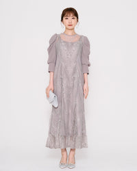 ギャザースリーブレースロングドレス - &Robu.