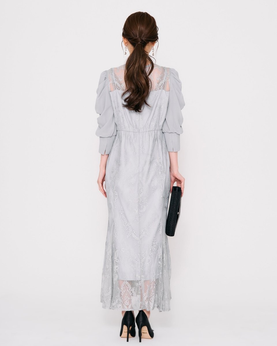 ギャザースリーブレースロングドレス - &Robu.