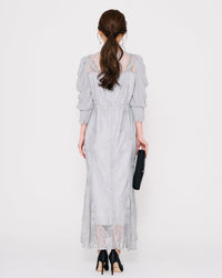 ギャザースリーブレースロングドレス - &Robu.