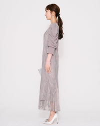 ギャザースリーブレースロングドレス - &Robu.