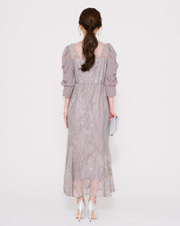 ギャザースリーブレースロングドレス - &Robu.