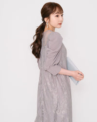 ギャザースリーブレースロングドレス - &Robu.