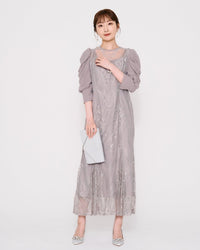 ギャザースリーブレースロングドレス - &Robu.