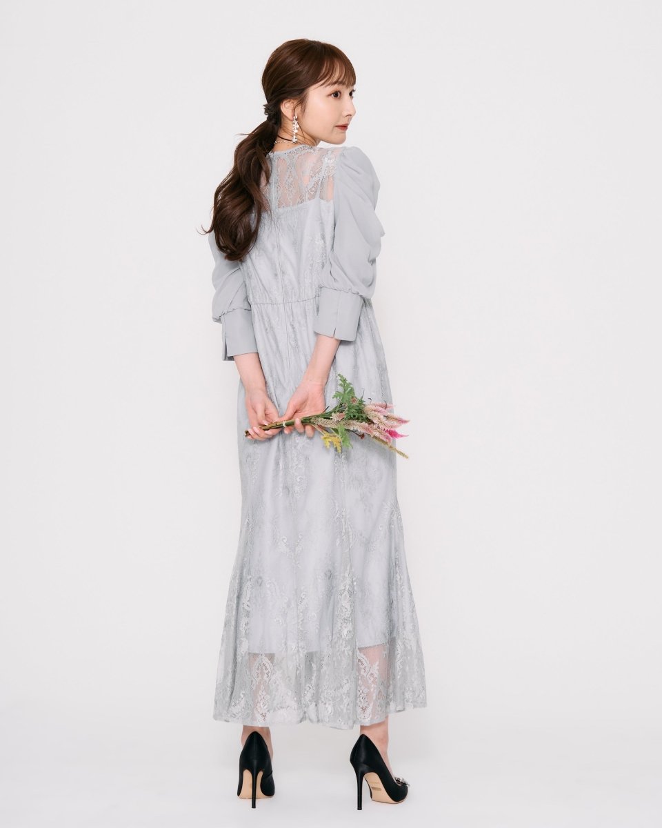 ギャザースリーブレースロングドレス - &Robu.