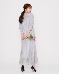 ギャザースリーブレースロングドレス - &Robu.