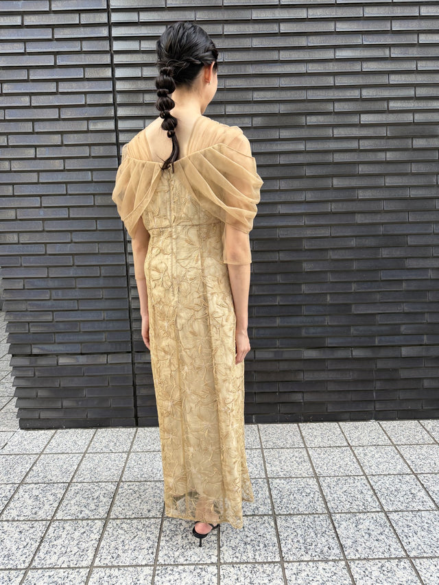 チュールドレープスパンコールドレス イエロー 着用写真